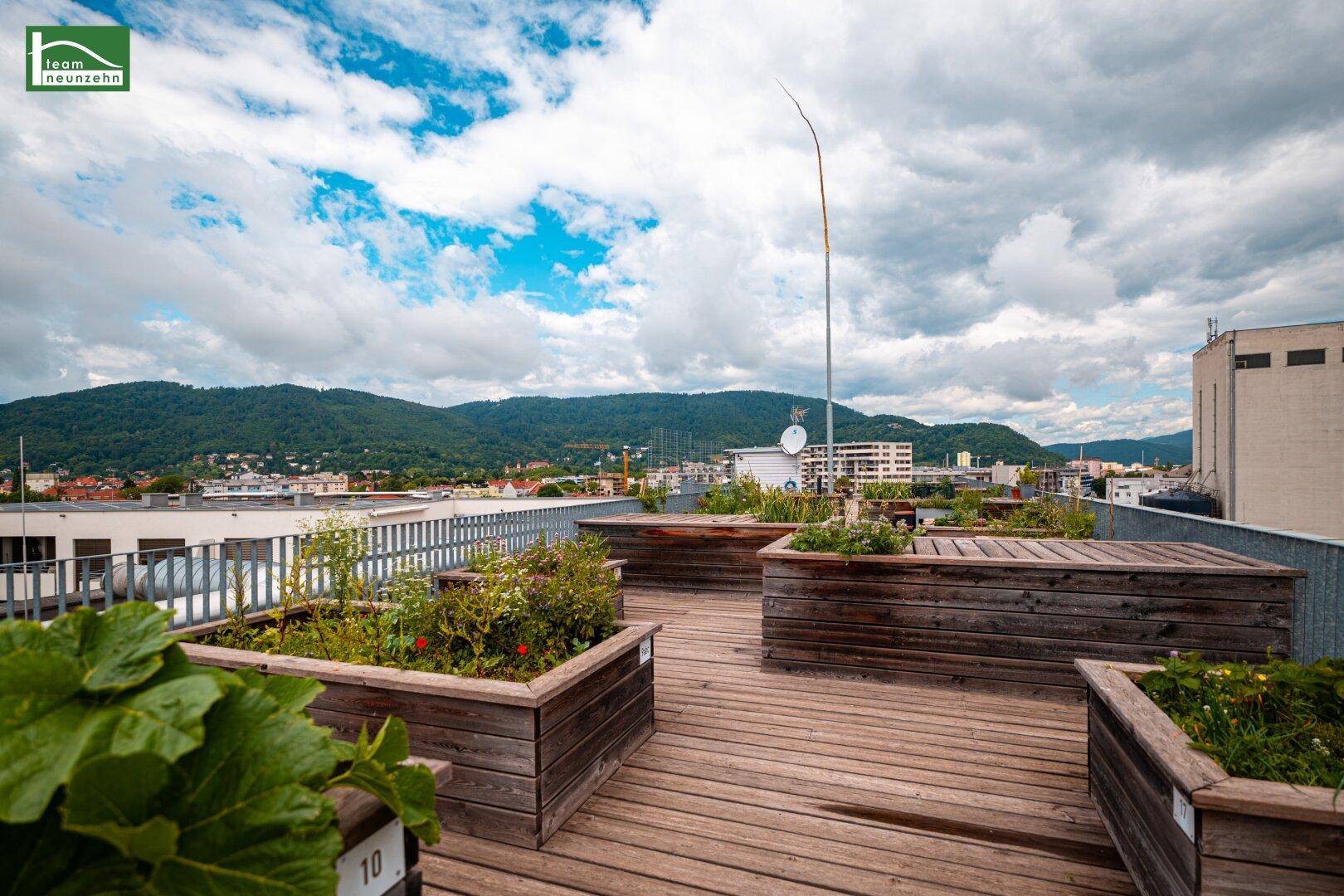 Dachterrasse mit Holzbelag und begrünten Hochbeeten, bietet einen malerischen Blick auf die Berge.