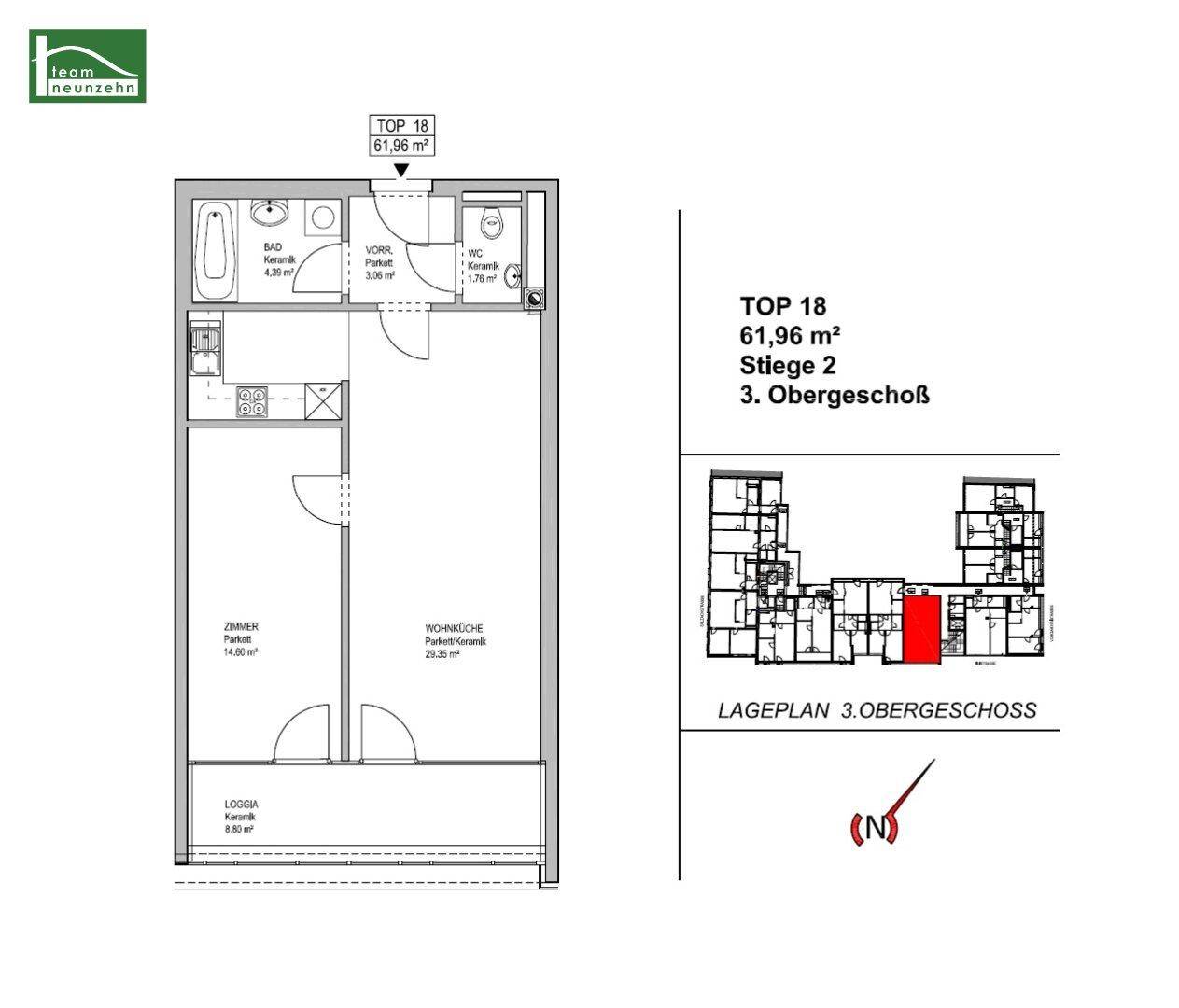 Grundriss der Wohnung TOP 18 im 3. Obergeschoss mit 61,96 m² und einer Loggia.