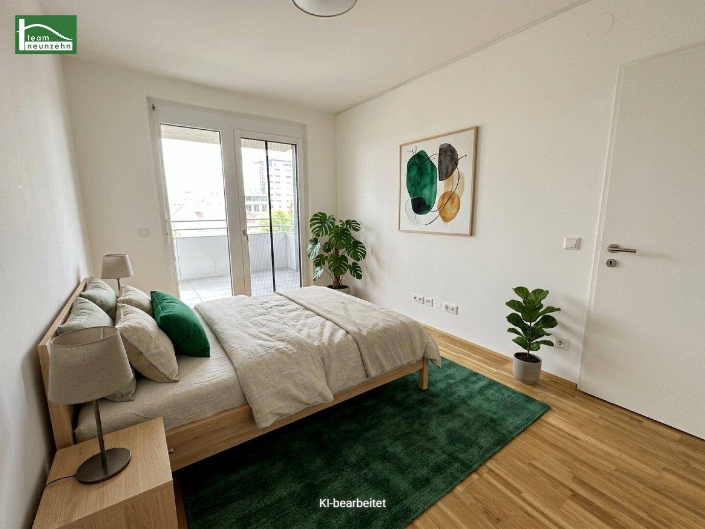 Modern eingerichtetes Schlafzimmer mit Holzboden, Balkonzugang und grünen Akzenten.