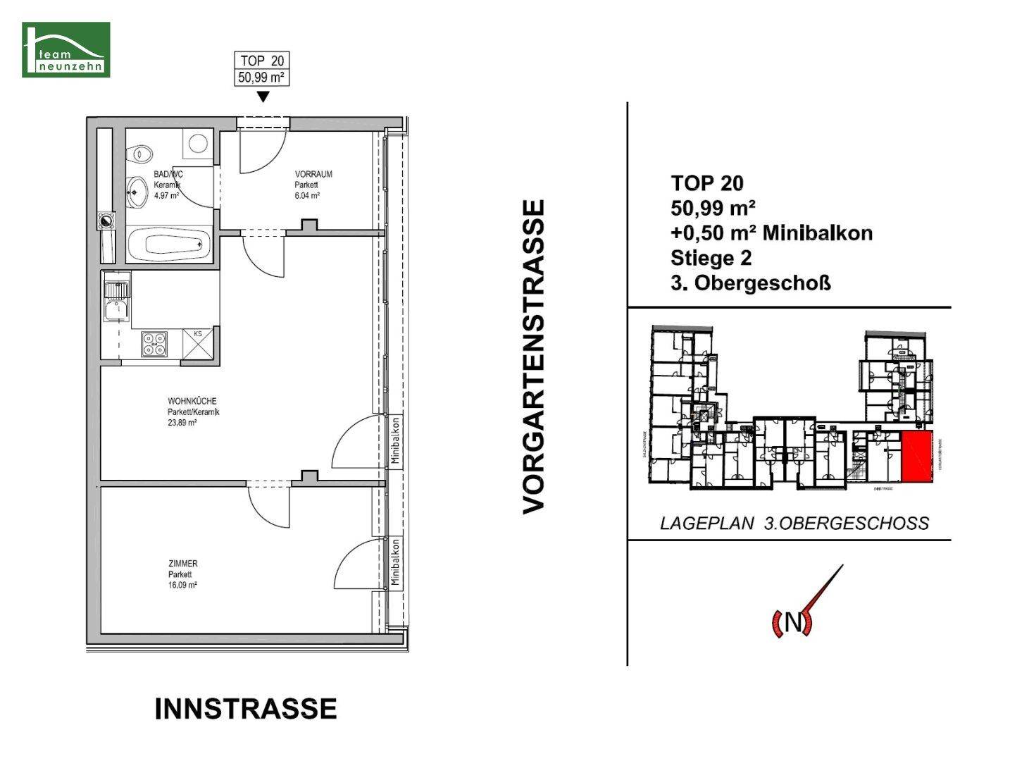 Grundriss der Wohnung Top 20 mit 50,99 m² und Minibalkonen im 3. Obergeschoss.