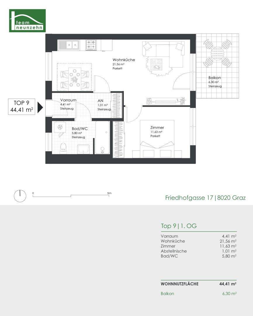 Grundriss einer Wohnung mit offener Wohnküche, einem Schlafzimmer, Bad/WC und einem Balkon. Die Aufteilung umfasst auch einen Vorraum und eine Abstellnische.