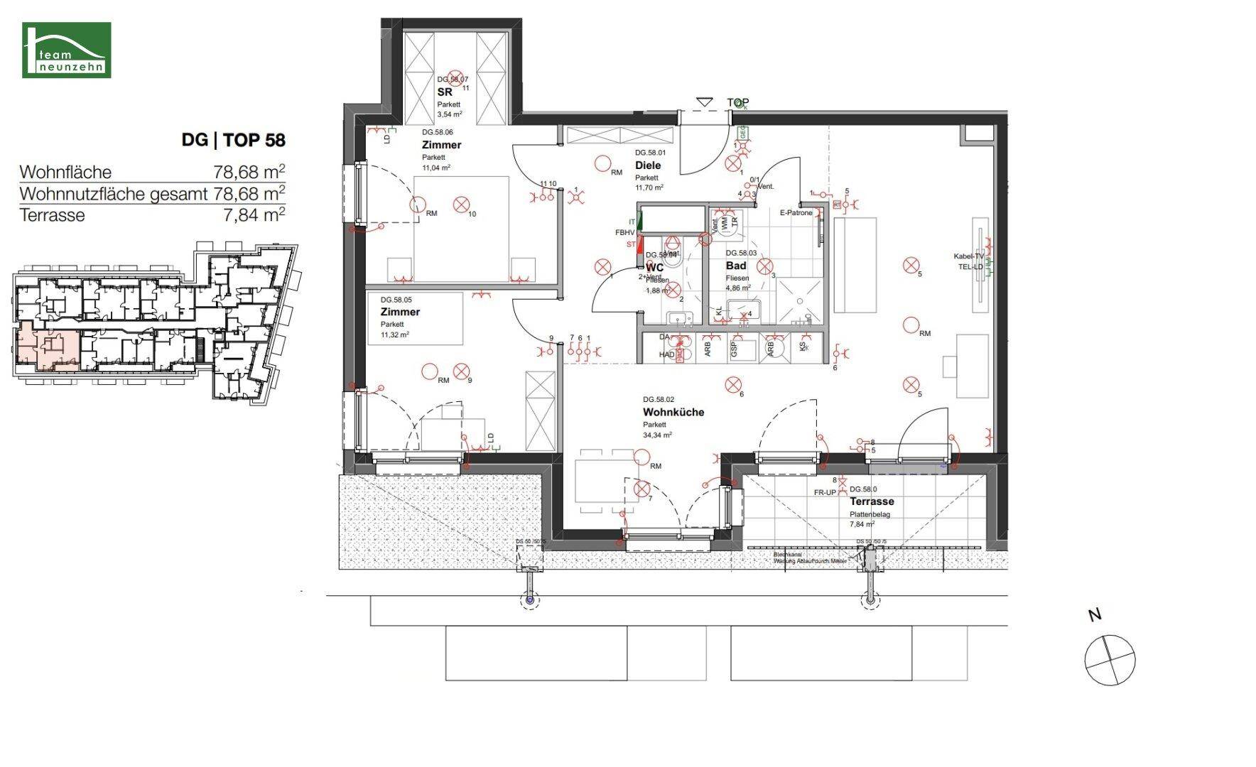 Grundriss der Wohnung DG TOP 58 mit Wohnküche, zwei Zimmern und Terrasse.