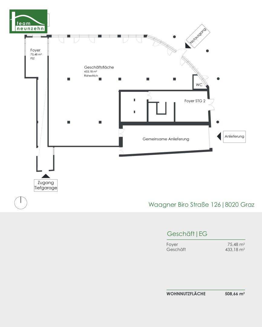 Grundrissplan für eine Gewerbefläche im Erdgeschoss mit Foyer, WC und Anlieferungsbereich.