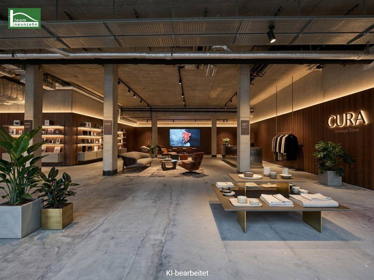 Eleganter Concept Store mit minimalistischem Design, Betonboden und dunklen Holzakzenten, präsentiert als Cura Concept Store.