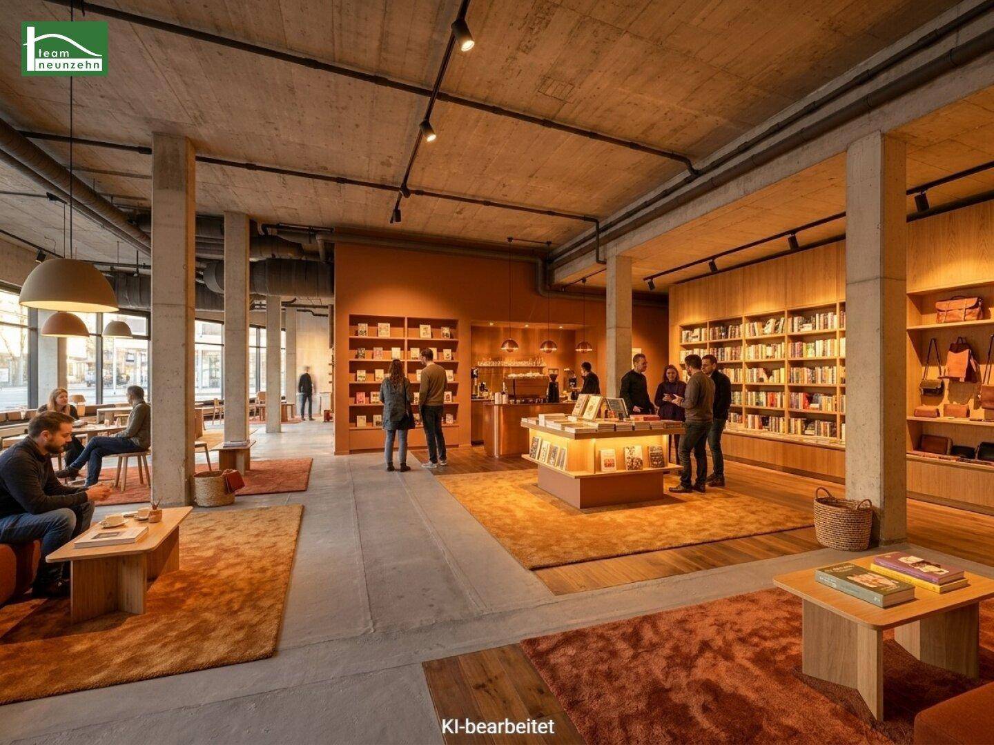 Gemütlicher Buchladen mit Café-Bereich, Teppichen, Holzregalen und warmer Beleuchtung, die zum Verweilen einlädt.