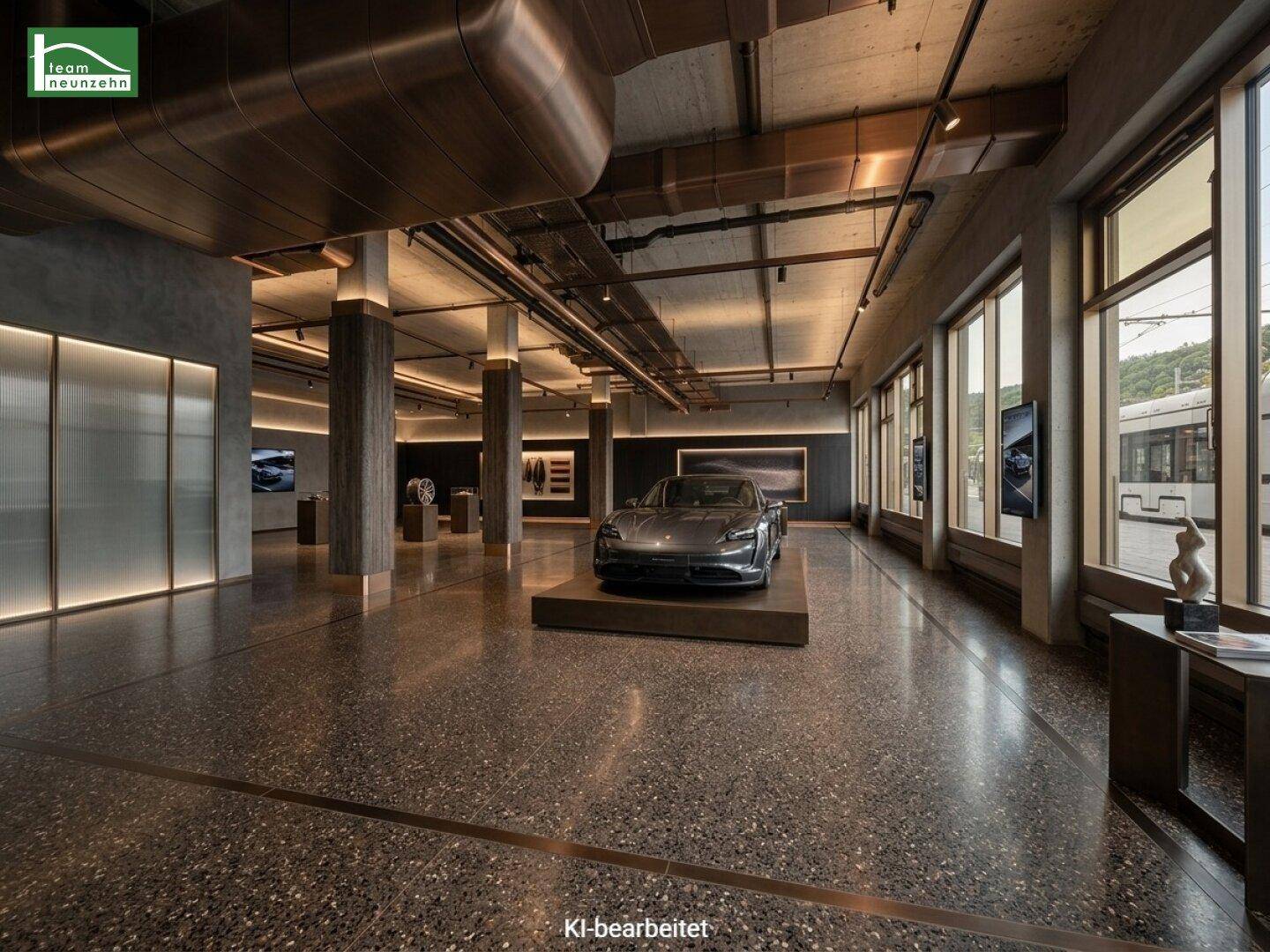 Exklusiver Autosalon mit einem Sportwagen auf einem Podest, dunklem Terrazzoboden und großen Fenstern.