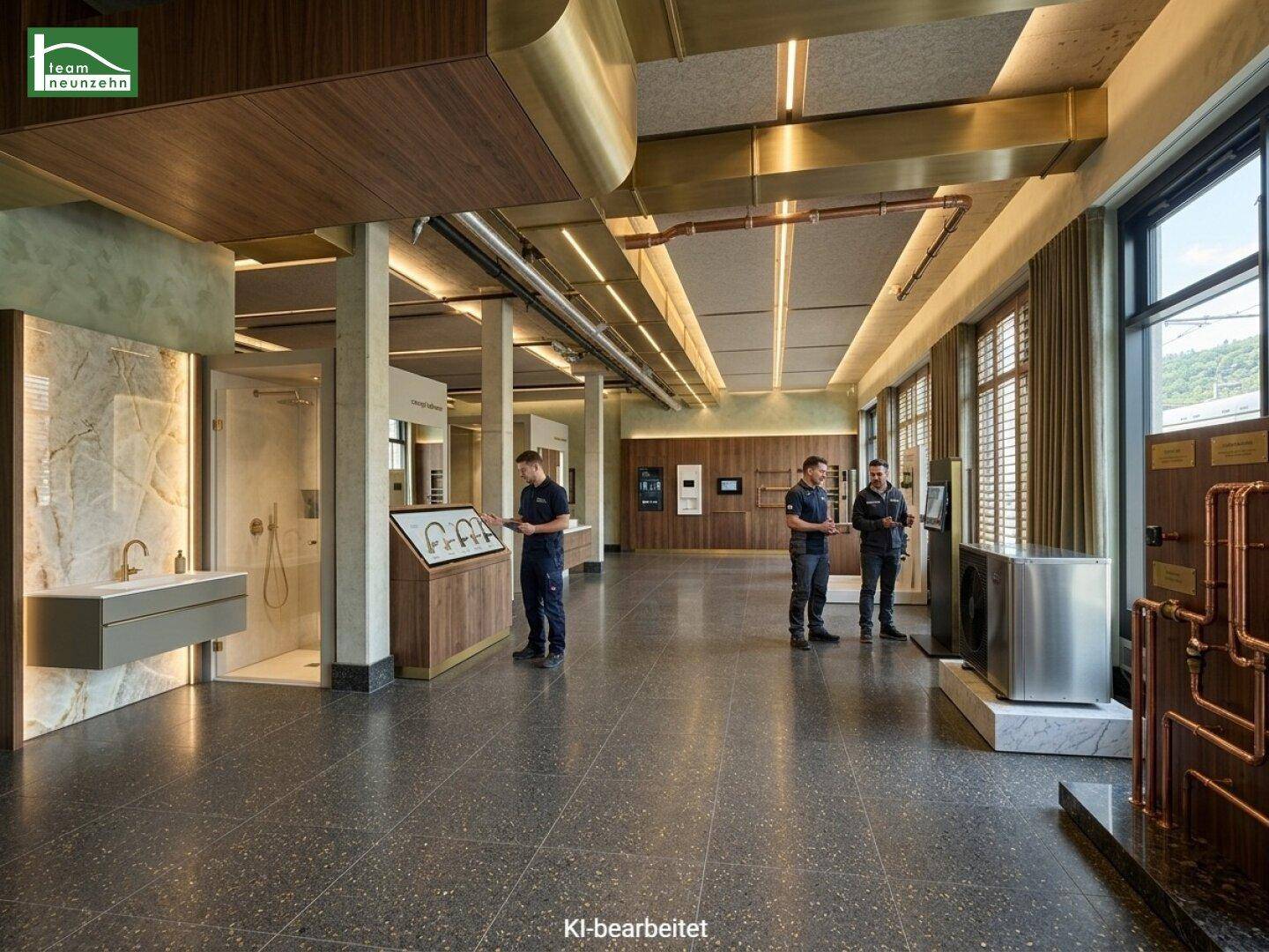 Moderner Ausstellungsraum mit dunklem Terrazzoboden, hohen Decken und verschiedenen Badinstallationen als Exponate.