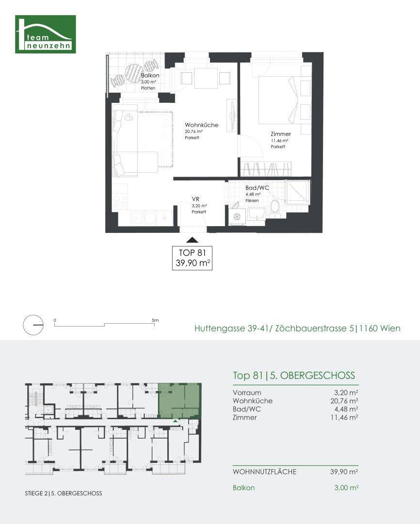Grundriss einer Wohnung mit offener Wohnküche, einem Schlafzimmer, Bad/WC und Balkon.