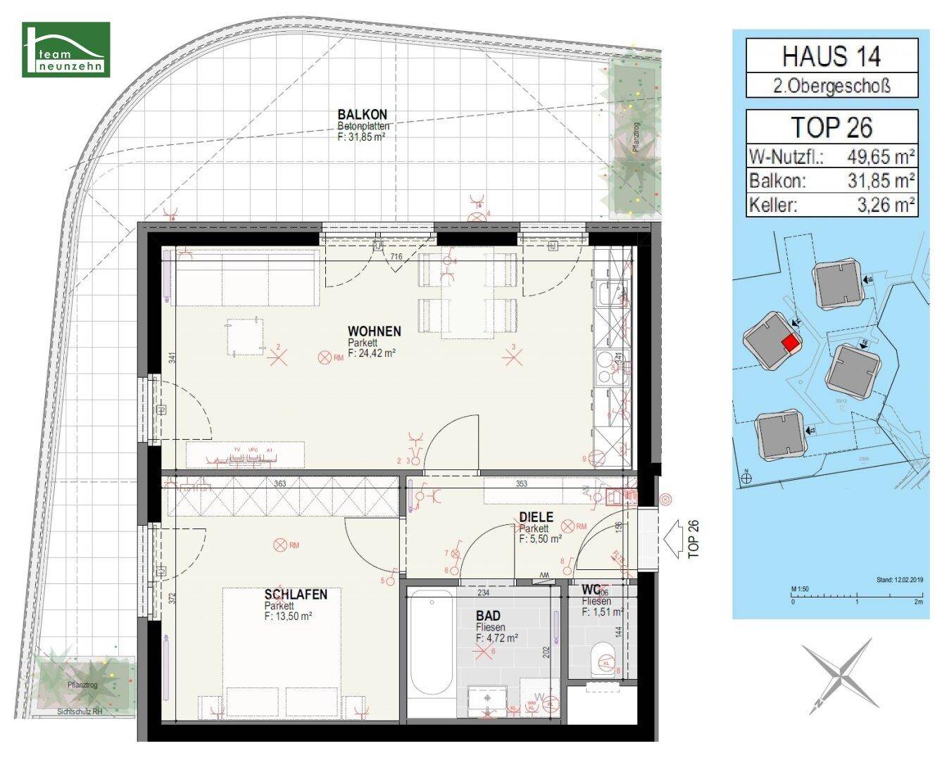 Grundriss der Wohnung Top 26 im 2. Obergeschoss mit Balkon und Kellerabteil.