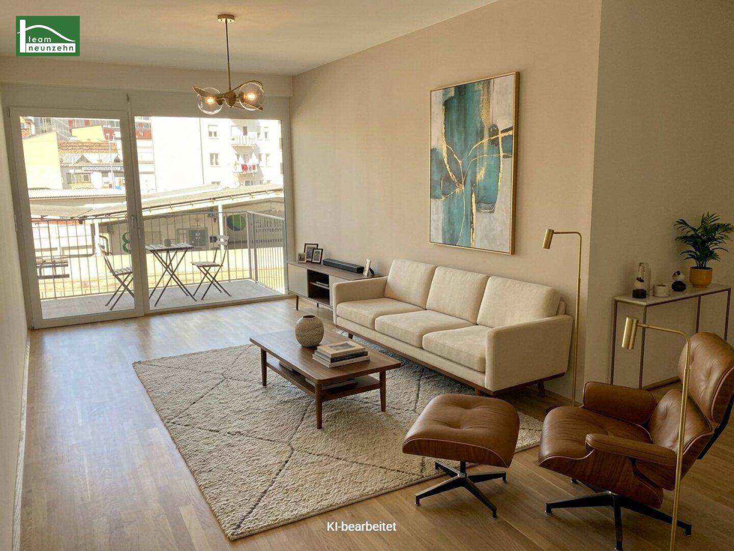 Modernes Wohnzimmer mit Sofa, Sessel und Balkonzugang, ausgestattet mit Parkettboden, KI-bearbeitet.