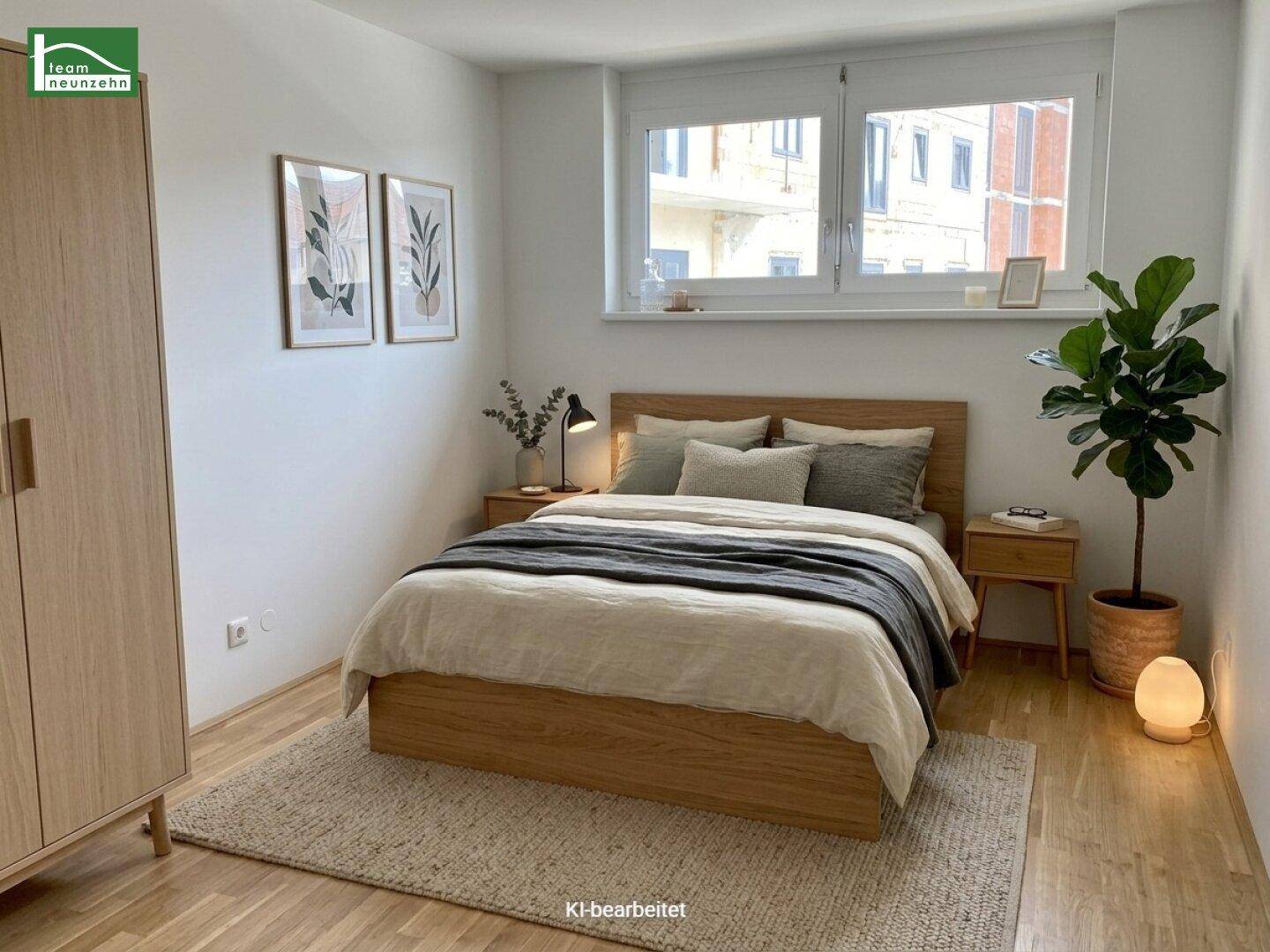 Helles Schlafzimmer mit modernem Holzbett, Nachttischen und einem großen Fenster mit Blick nach draußen.