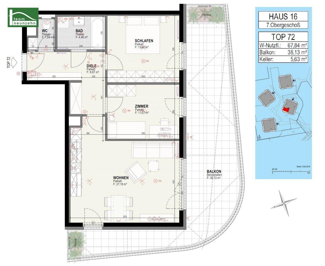 Detaillierter Grundriss einer Wohnung mit Schlafzimmer, Wohnbereich, Bad und großem Balkon.