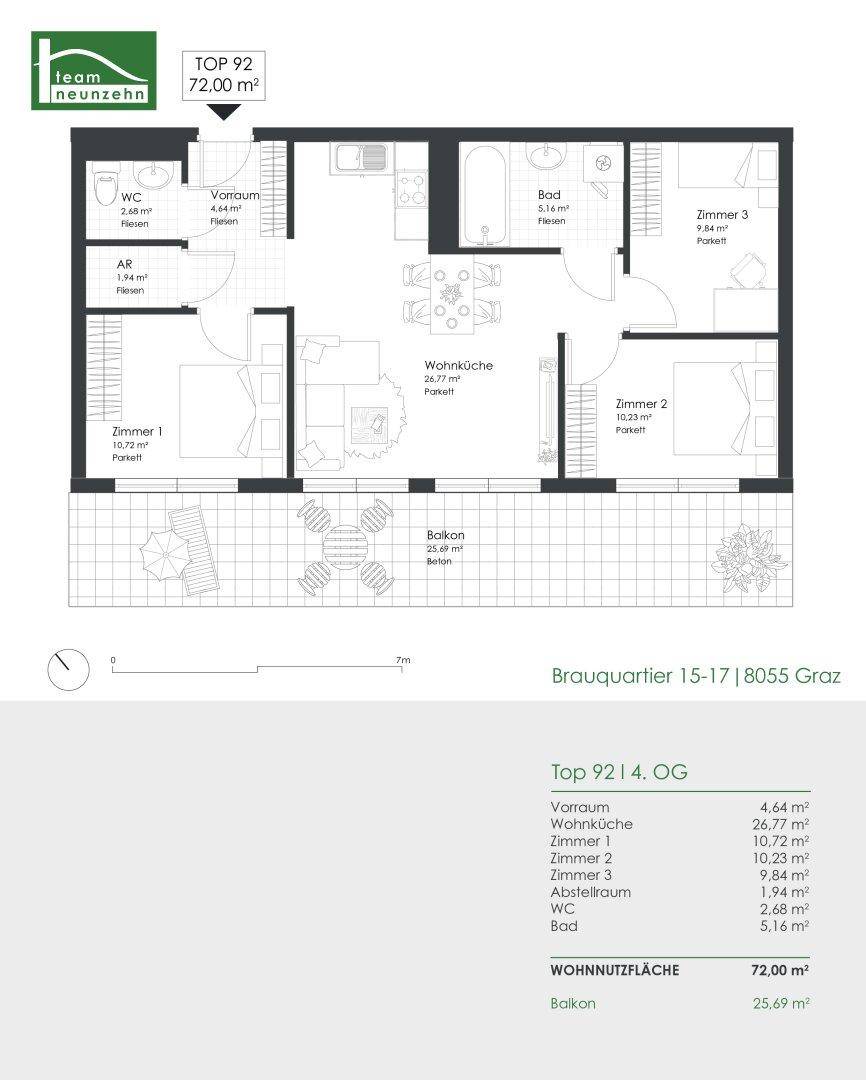 Detaillierter Grundriss der Wohnung Top 92 mit 72 m² Wohnfläche und Balkon.