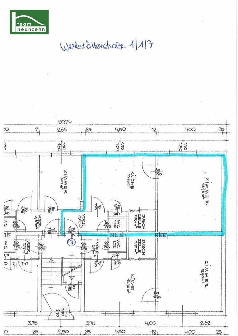 Handgezeichneter Grundriss der Wohnung mit Raumaufteilung und Maßen.