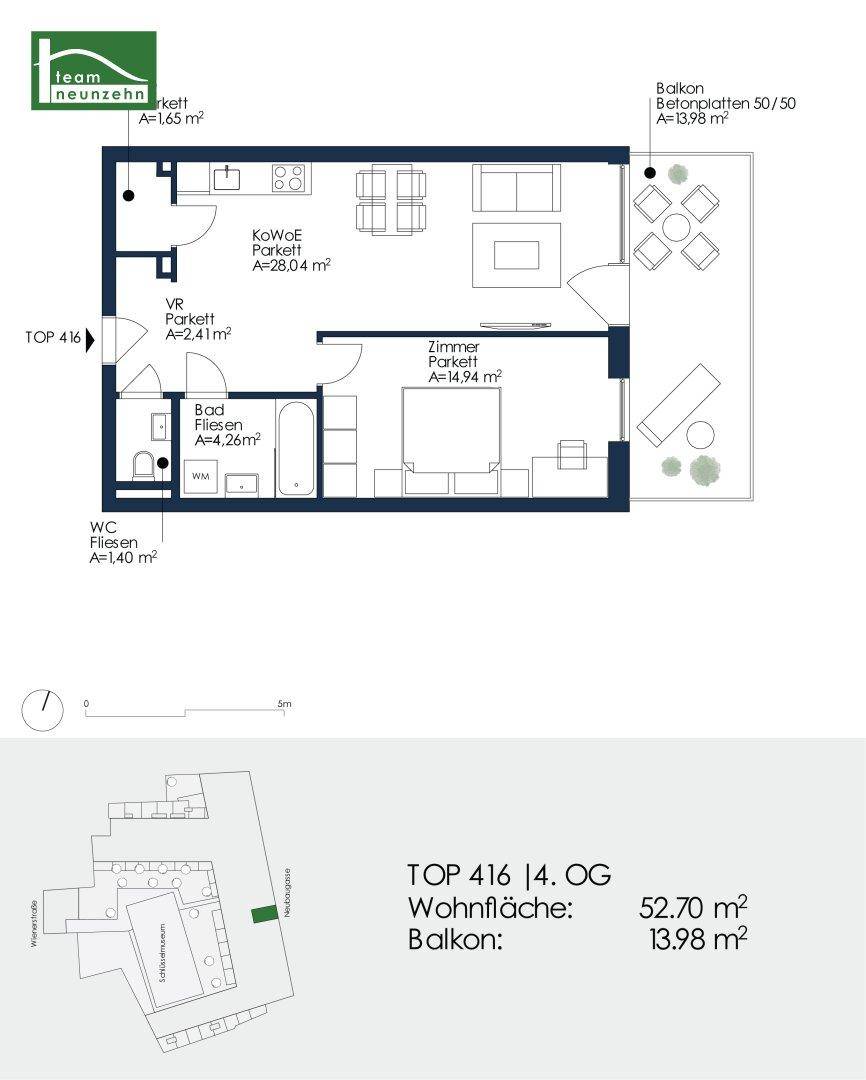Detaillierter Grundriss einer Wohnung mit Wohn-, Schlaf- und Nassbereichen.