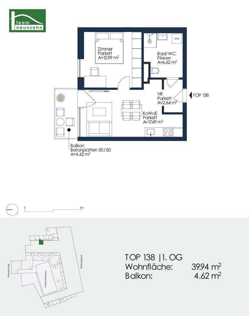 Detaillierter Grundriss der Wohnung TOP 138 im ersten Obergeschoss mit Balkon.