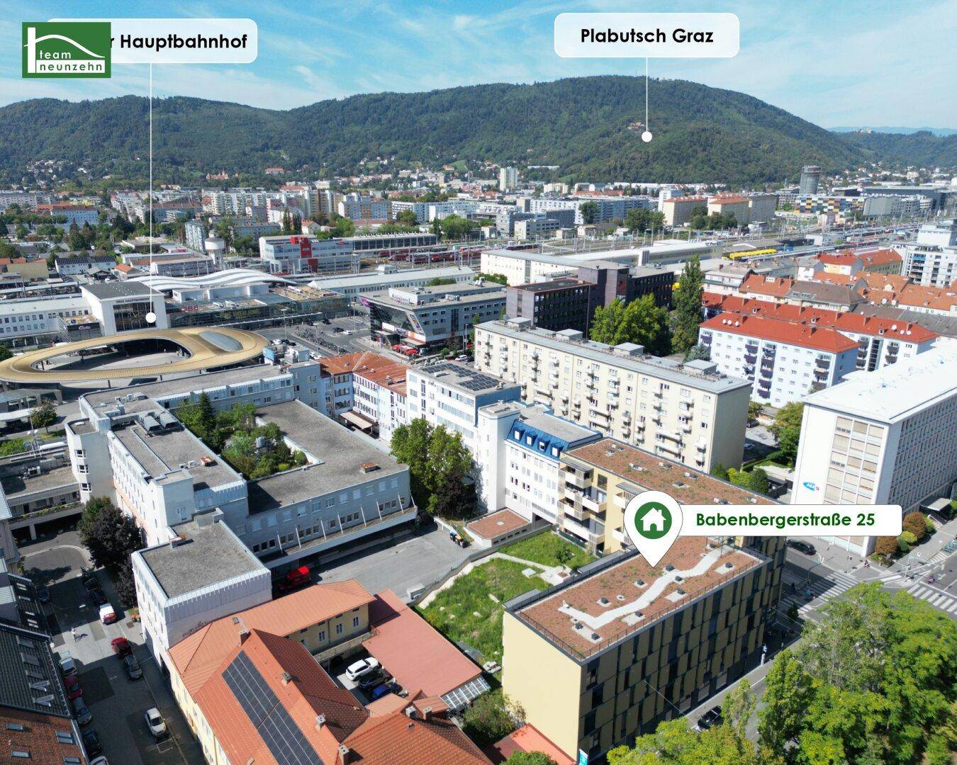 Luftaufnahme der Immobilie in Graz mit umliegenden Gebäuden und Grünflächen.