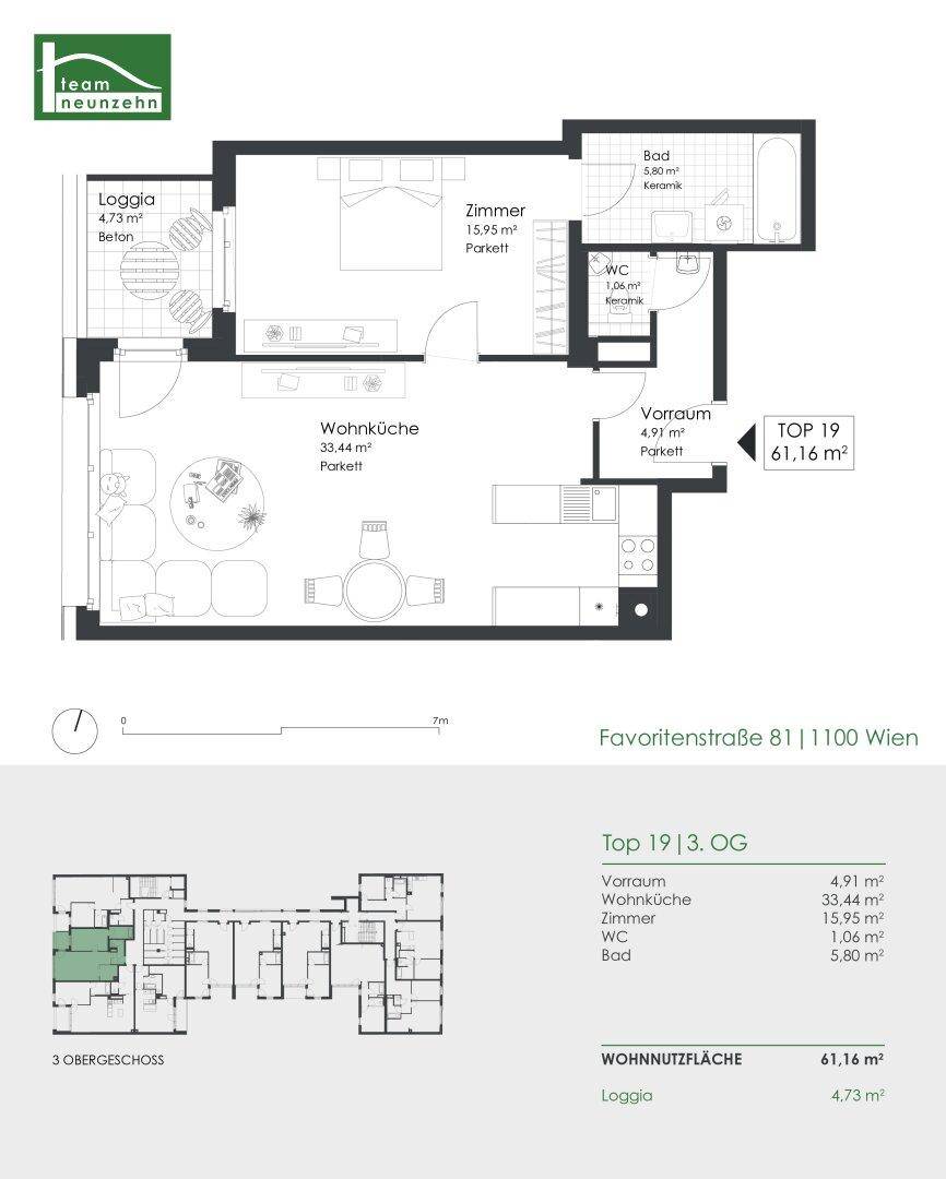 Grundriss einer Wohnung mit offener Wohnküche, einem Schlafzimmer, Bad, separatem WC und Loggia.