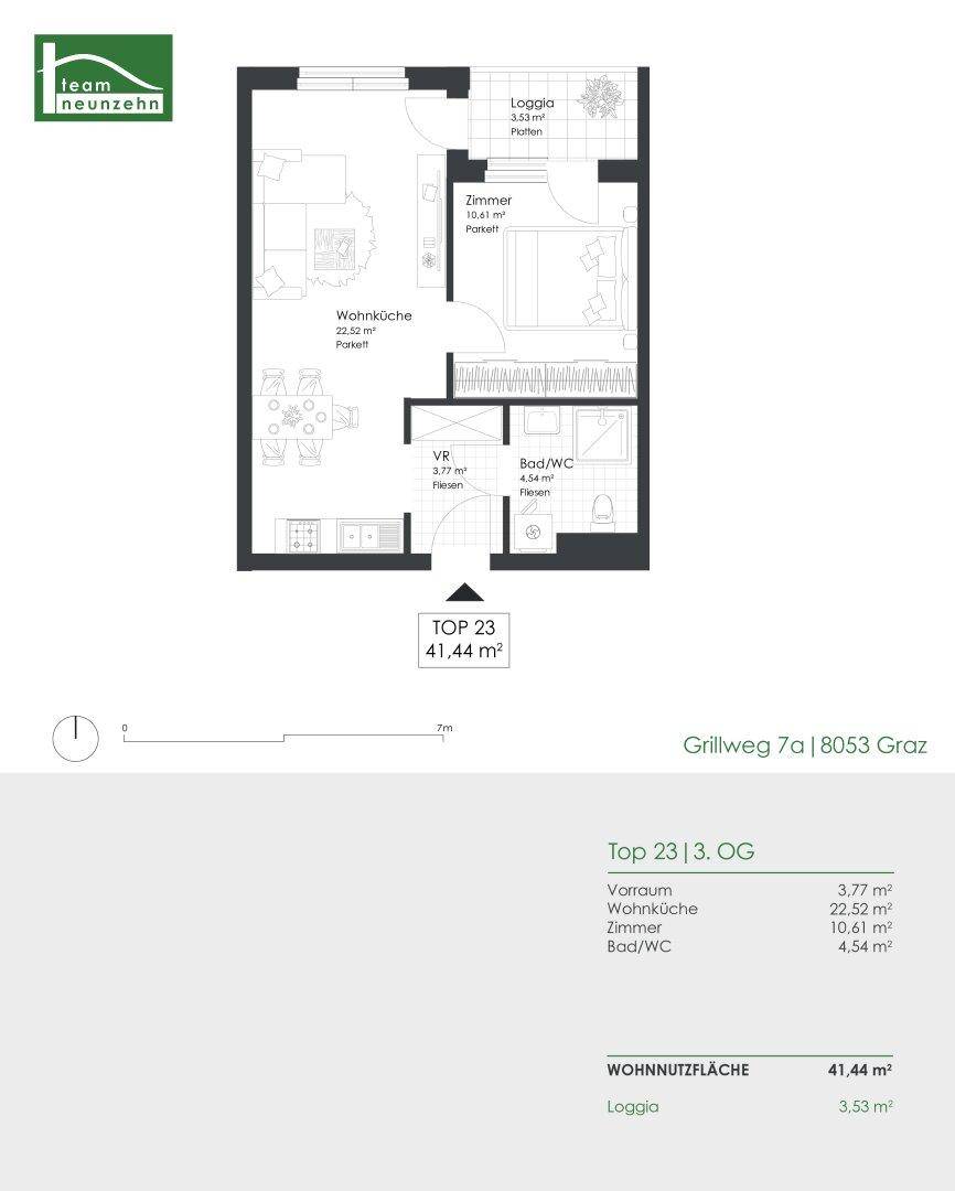 Grundriss einer Wohnung mit offener Wohnküche, einem Schlafzimmer und einer Loggia.