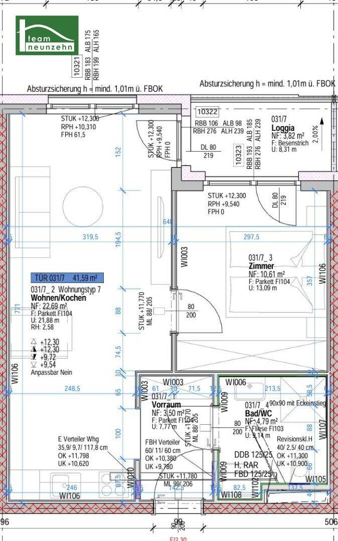 Grundriss einer Wohnung mit Wohnküche, Schlafzimmer und Loggia.