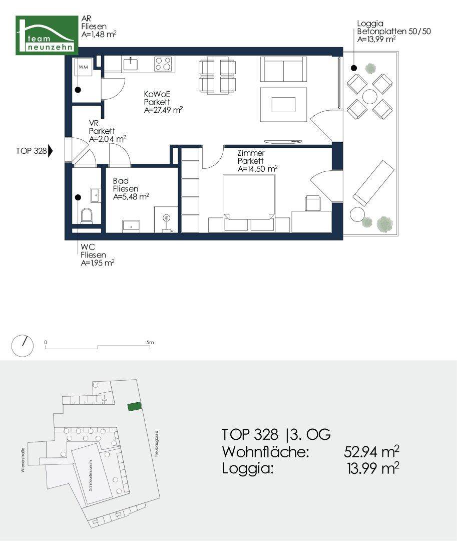 Detaillierter Grundriss der Wohnung TOP 328 mit Wohnfläche, Loggia und Raumaufteilung.