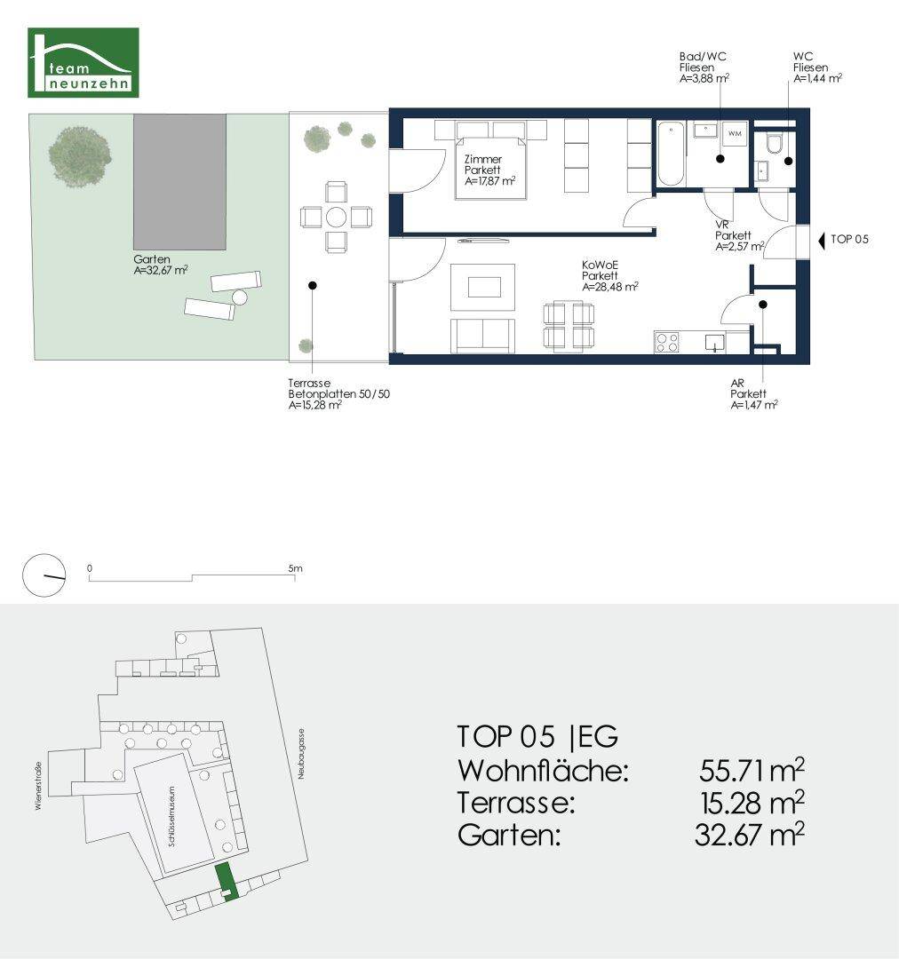 Detaillierter Grundriss der Wohnung TOP 05 mit Terrasse und Gartenflächen.
