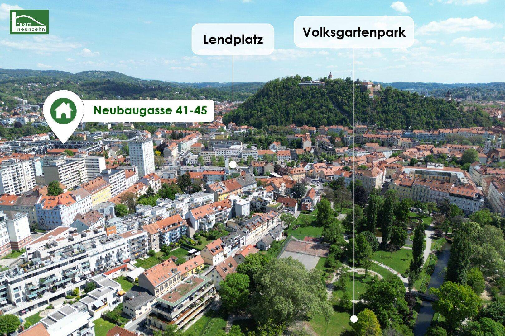 Luftaufnahme der Umgebung mit Blick auf den Lendplatz und Volksgartenpark.