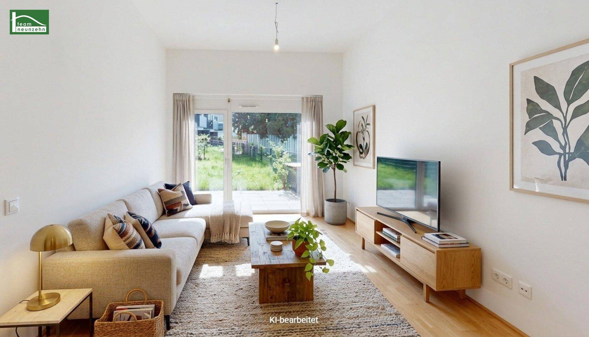 Gemütliches Wohnzimmer mit modernem Dekor, Parkettboden und direktem Zugang zum Garten.