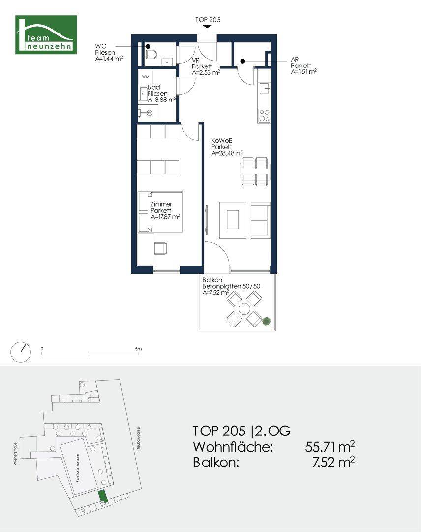 Grundriss der Wohnung TOP 205 mit 55,71 m² Wohnfläche und 7,52 m² Balkon.