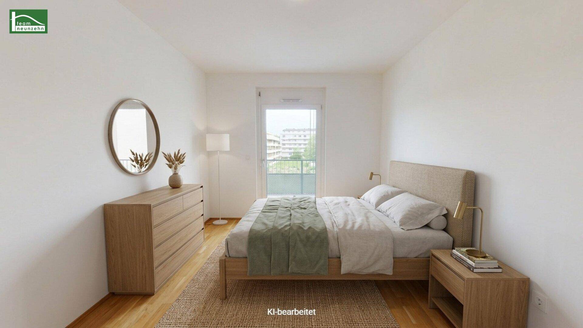 Modern eingerichtetes Schlafzimmer mit Holzboden und Zugang zum Balkon.
