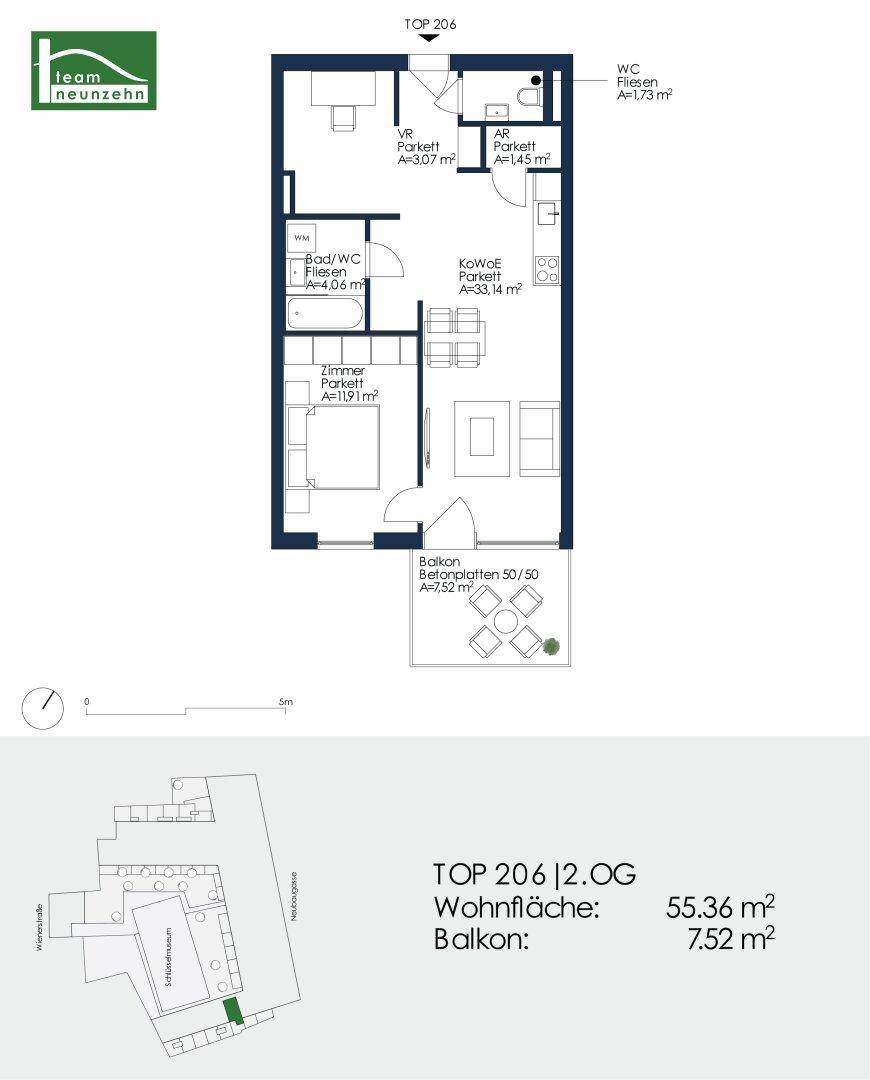 Grundriss der Wohnung TOP 206 mit 55,36 m² Wohnfläche und 7,52 m² Balkon.