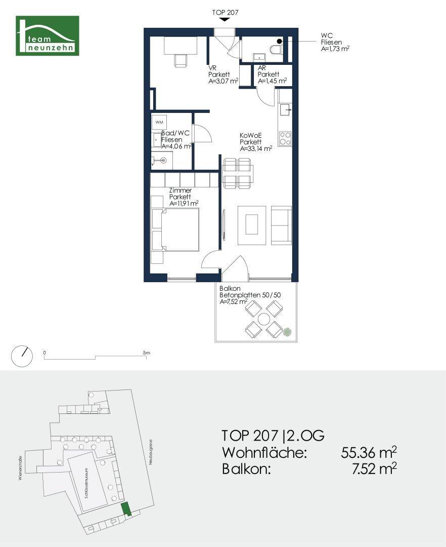 Detaillierter Grundriss der Wohnung TOP 207 mit 55,36 m² Wohnfläche und Balkon.