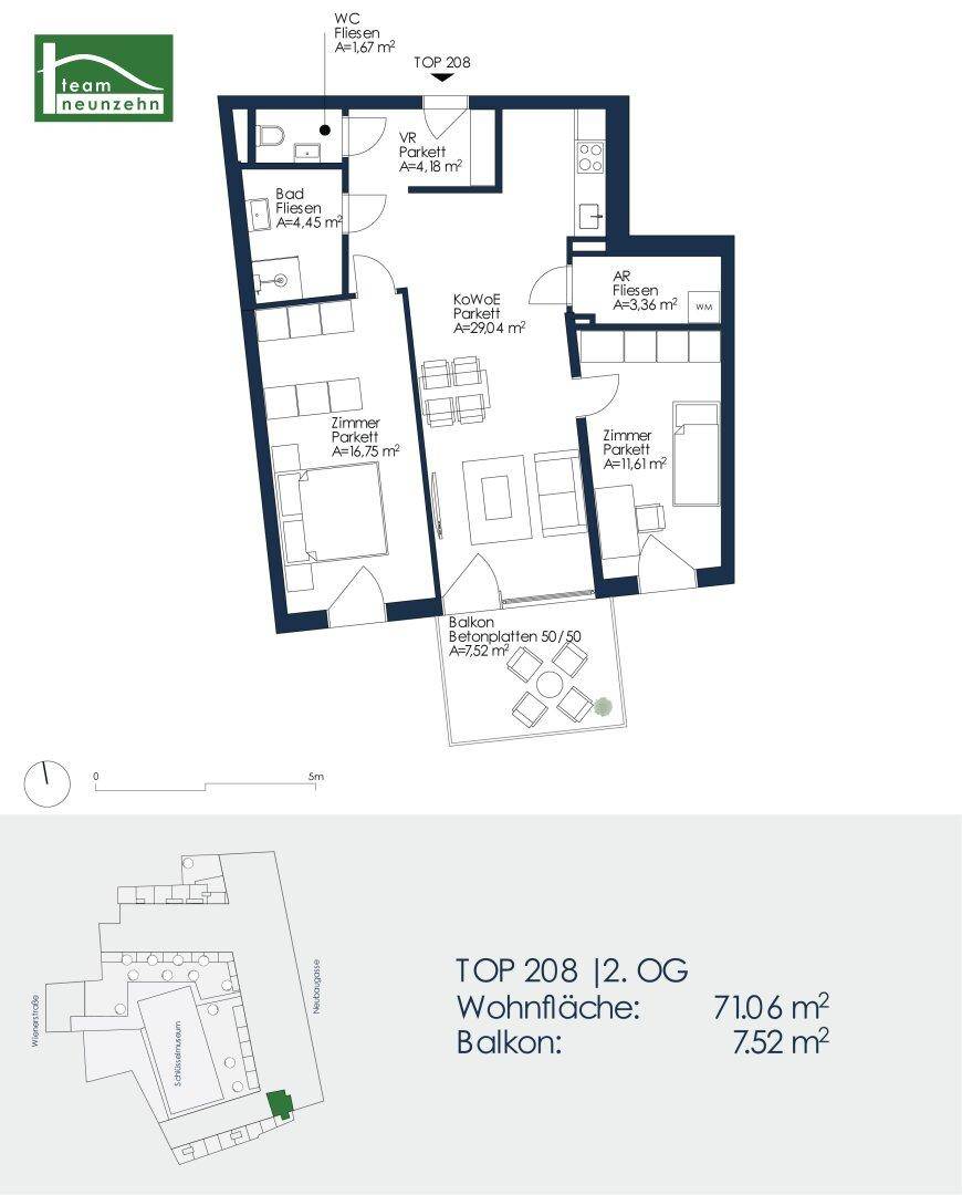 Grundriss einer Wohnung mit offenem Wohn-Essbereich, zwei Schlafzimmern, Bad, separatem WC und Balkon.