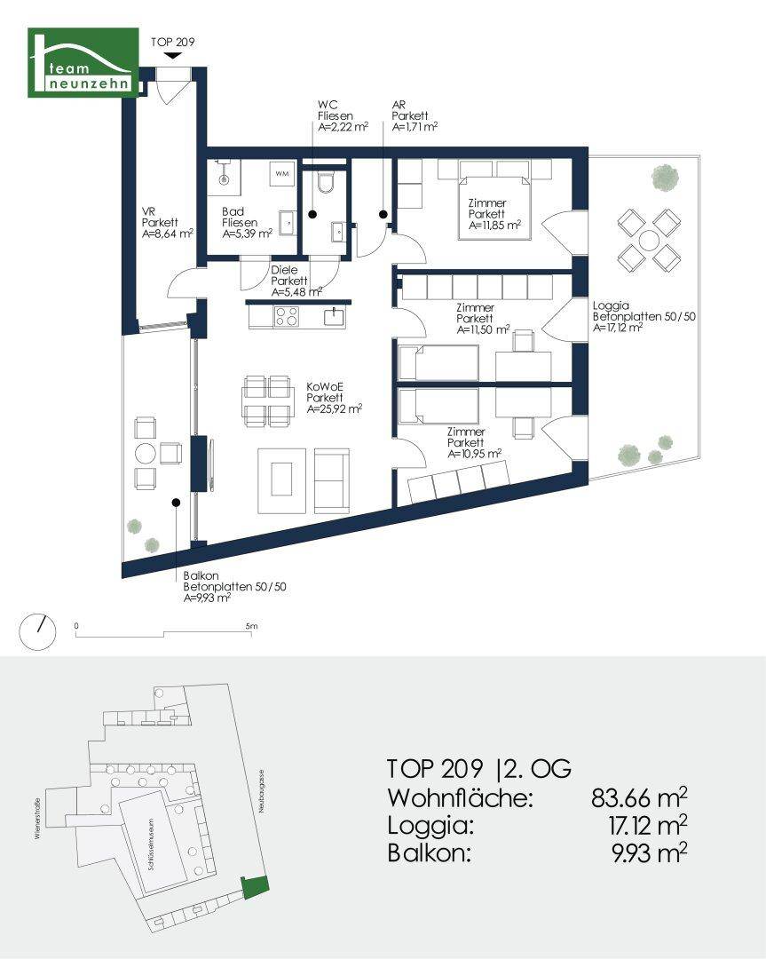 Grundriss einer Wohnung im zweiten Obergeschoss mit offenem Wohnbereich, drei Zimmern, Loggia und Balkon.