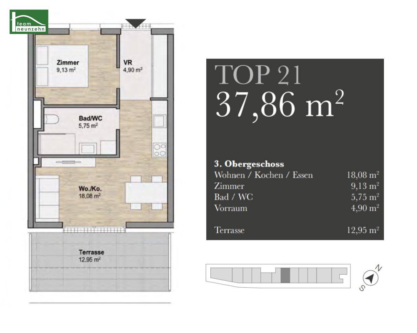 Grundriss einer Wohnung mit einem Zimmer, Bad/WC, Wohn-/Koch-/Essbereich und Terrasse.