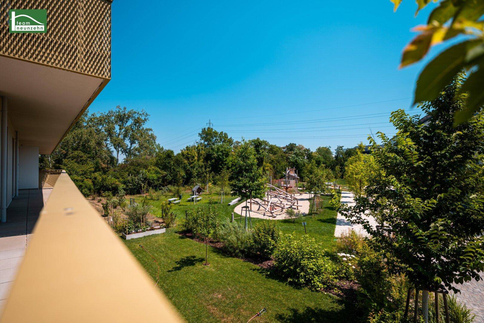 Blick vom Balkon auf einen gepflegten Gemeinschaftsgarten mit Spielplatz und Bäumen.