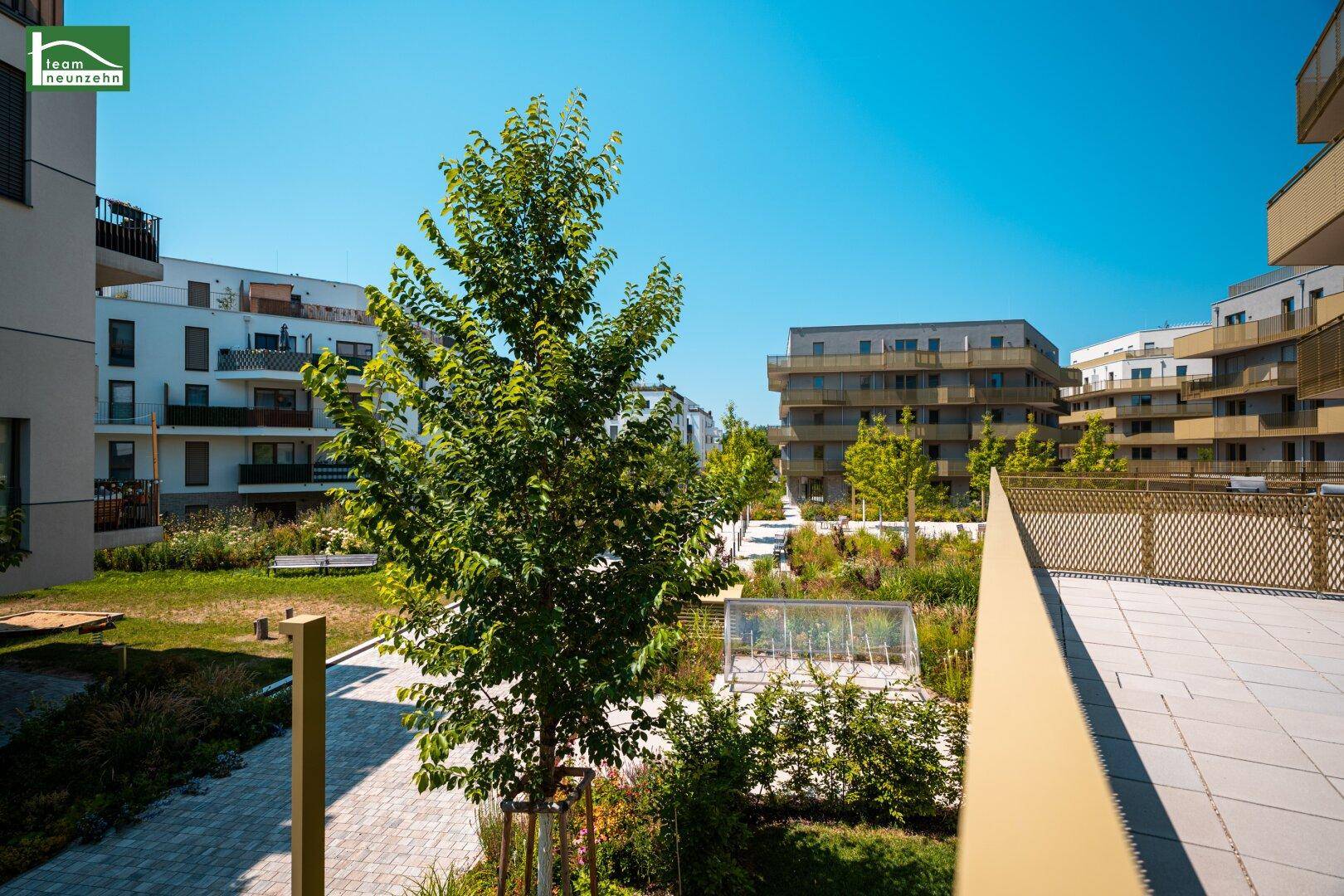 Aussicht von einem Balkon auf grüne Anlagen, Bäume und weitere moderne Gebäude mit einem Gewächshaus.