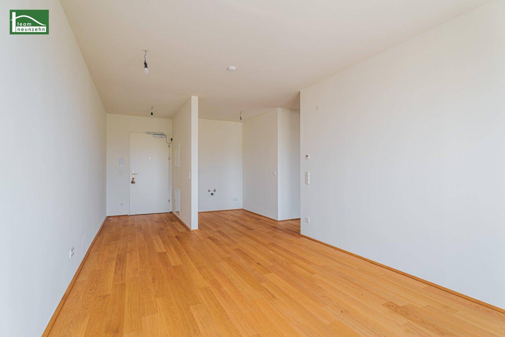 Heller Eingangsbereich mit Holzboden und weiß gestrichenen Wänden, bietet Zugang zu weiteren Räumen.