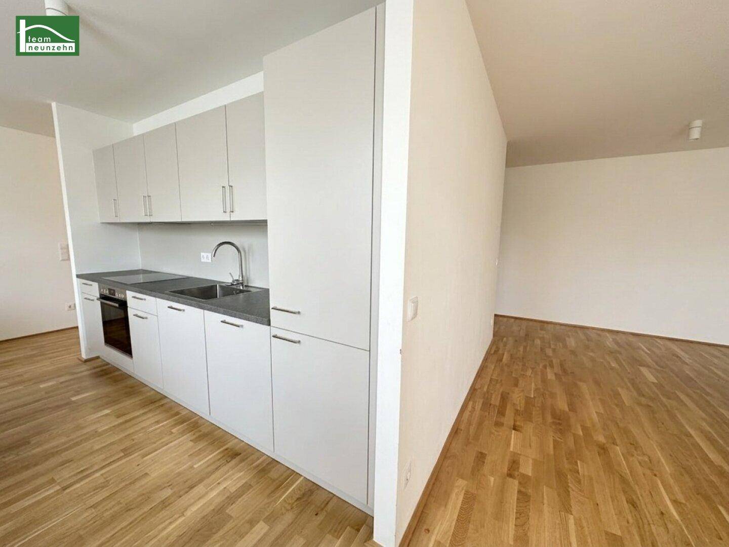 Moderne Einbauküche mit hellgrauen Schränken, dunkler Arbeitsplatte und Holzboden in einem offenen Bereich.