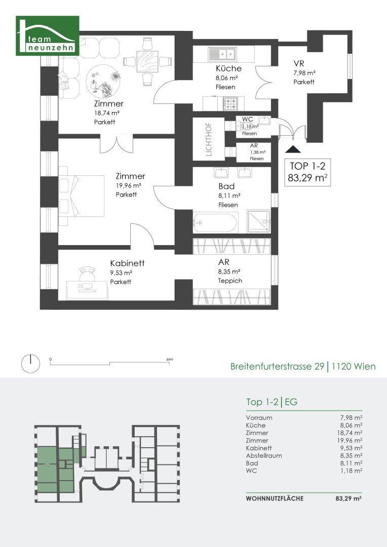 Grundriss der Wohnung Top 1-2 mit 83,29 m² Wohnfläche, inklusive Zimmern und Nasszellen.
