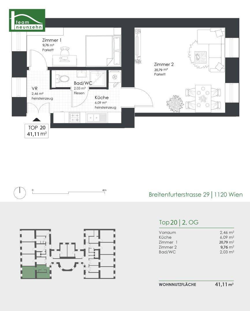 Grundriss der Wohnung Top 20 im 2. Obergeschoss mit 41,11 m² Wohnfläche.