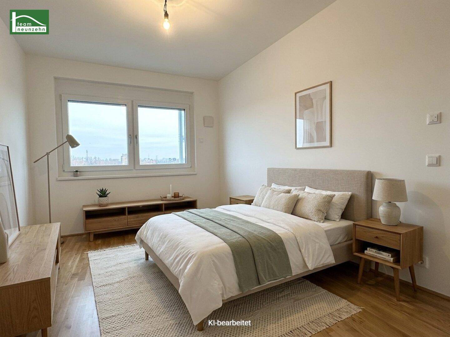 Gemütliches Schlafzimmer mit Doppelbett, Nachttischen und Holzboden, gut beleuchtet und modern.