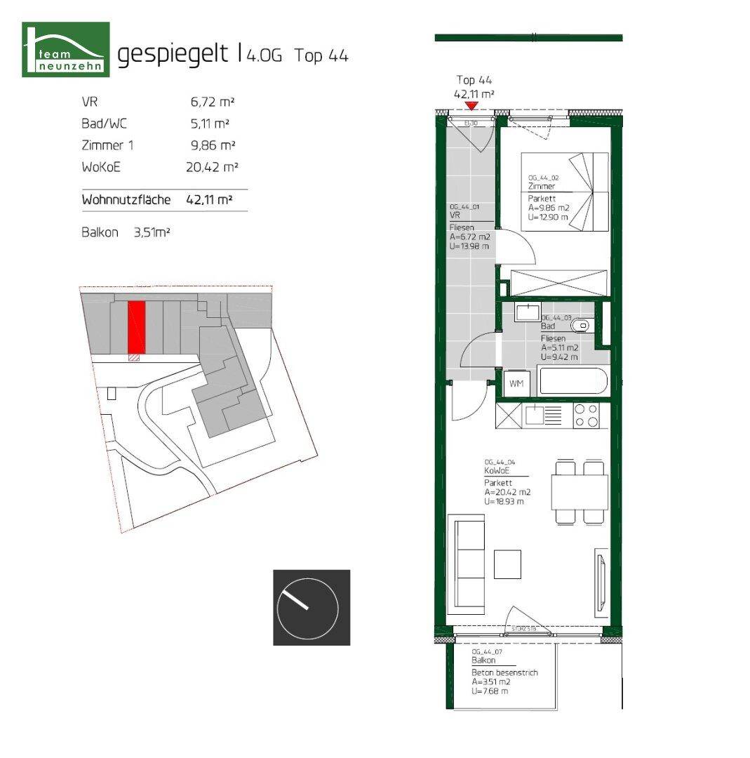 Grundriss einer Wohnung mit 42,11 m² Wohnfläche, Balkon und separatem Zimmer.