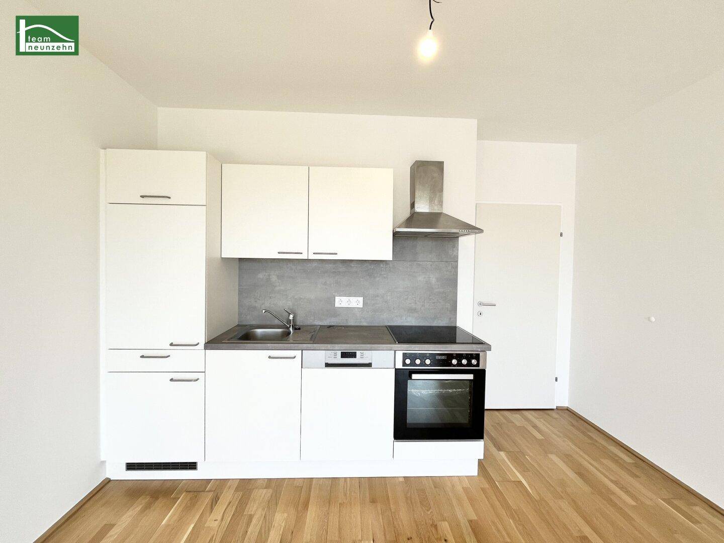 Moderne Einbauküche mit weißen Schränken, Induktionskochfeld, Backofen und Geschirrspüler.