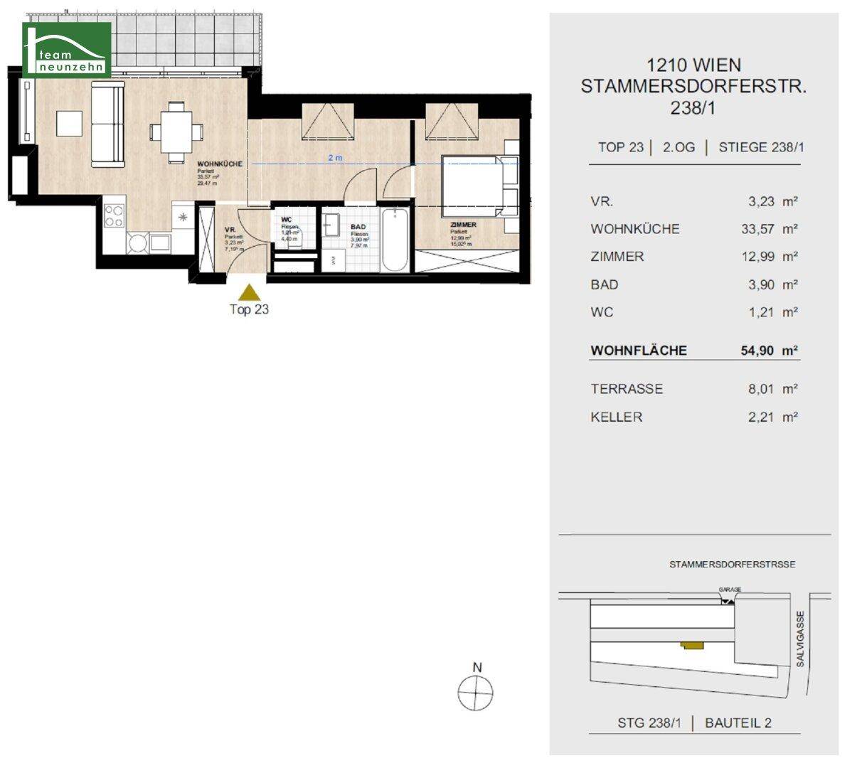 Detaillierter Grundrissplan einer modernen Wohnung mit offener Wohnküche, einem Schlafzimmer und großer Terrasse.