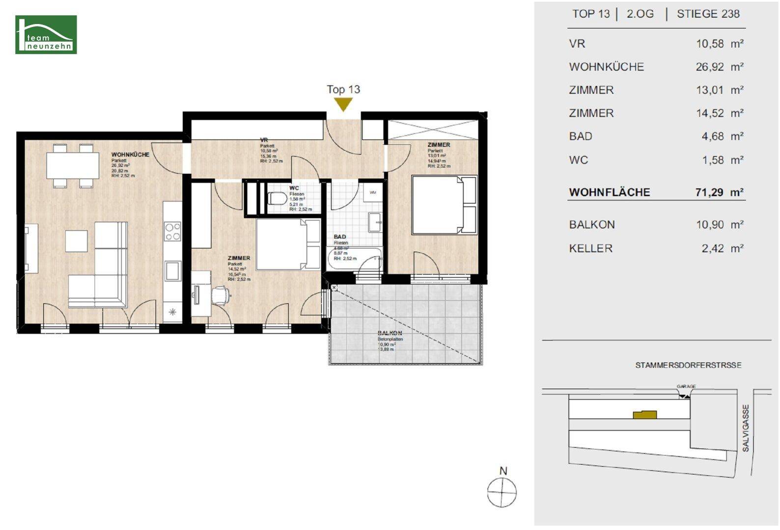 Detaillierter Grundriss einer Wohnung mit Wohnküche, zwei Zimmern und Balkon.