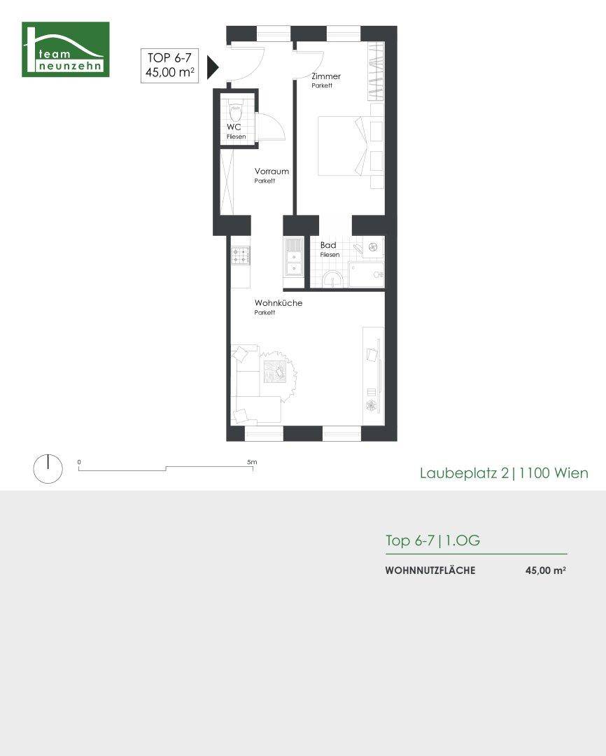 Grundriss einer Wohnung mit offener Wohnküche, separatem WC und einem Schlafzimmer.