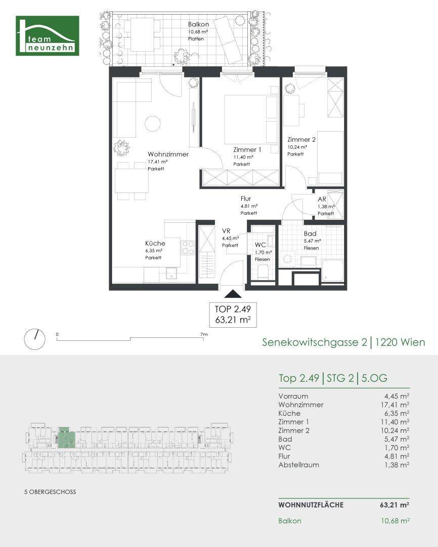 Grundriss der Wohnung Top 2.49 mit 63,21 m² Wohnfläche und Balkon.