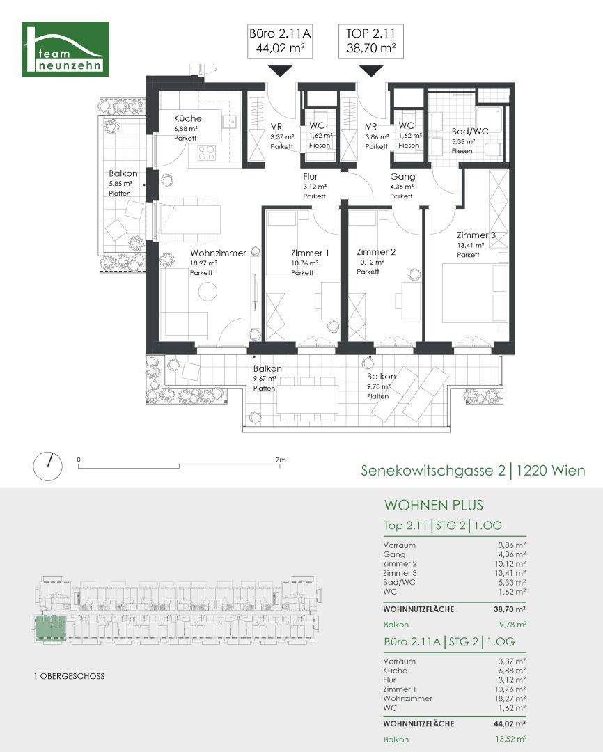 Detaillierter Grundriss mit zwei Einheiten, mehreren Zimmern, Bädern und Balkonen.