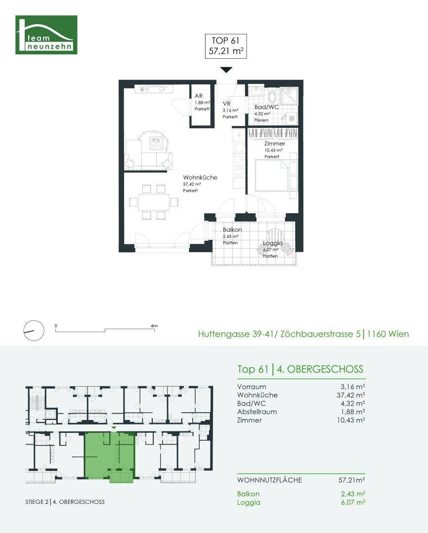 Detaillierter Grundriss von TOP 61 mit Wohnküche, Zimmern, Balkon und Loggia.